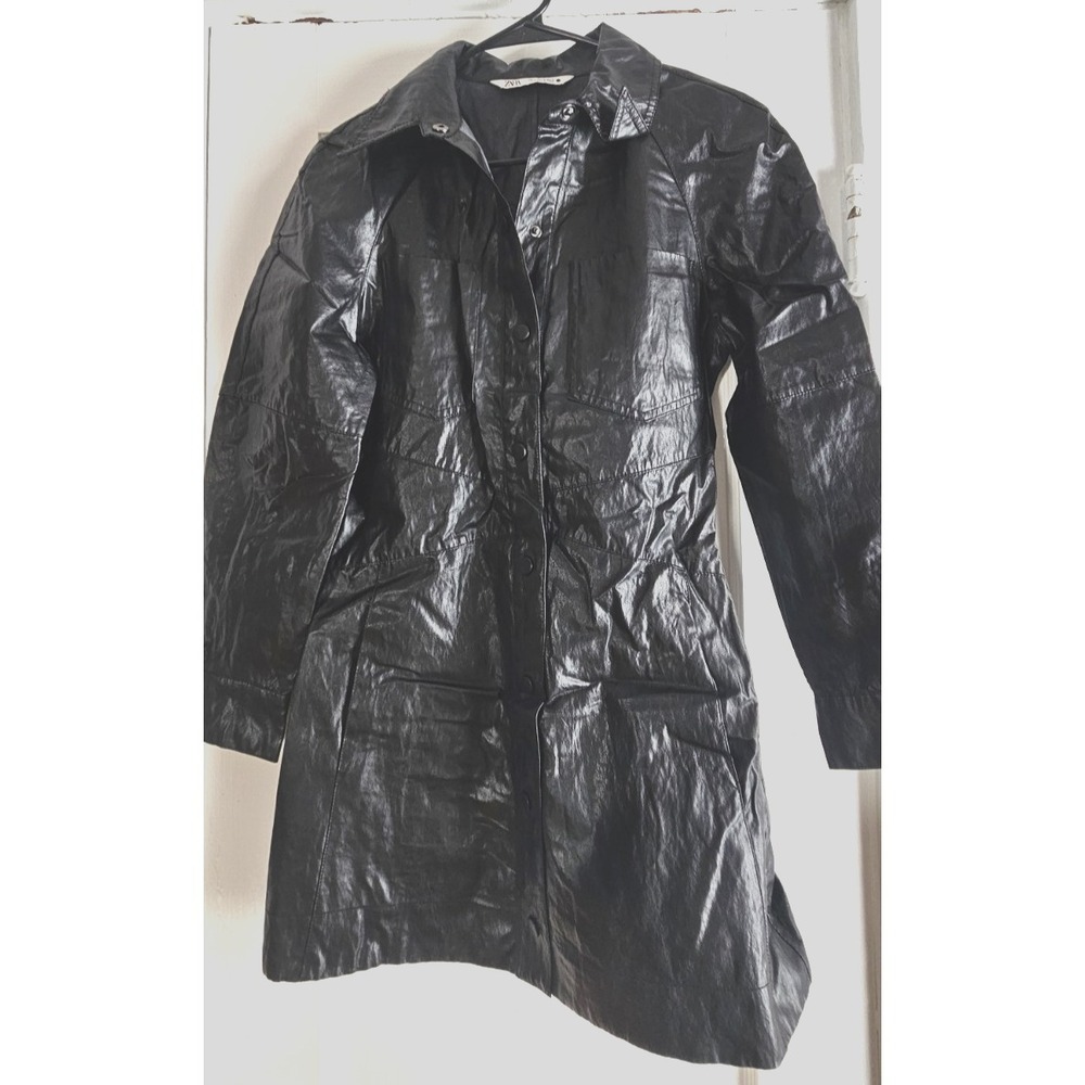 ZARA faux leather long sleeve‎ snap button metallic mini dress black woman XS